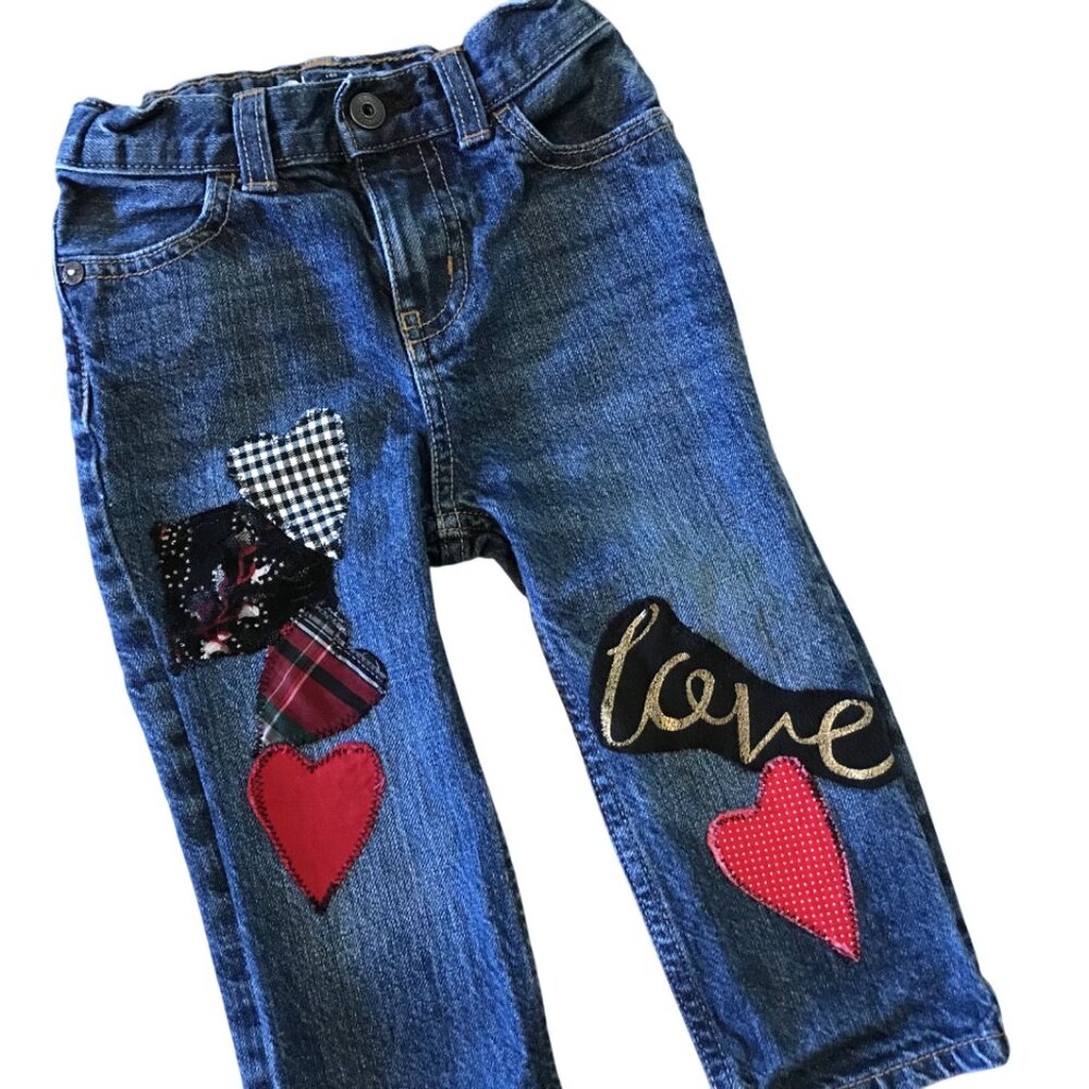 Toddler Patchwork Jeans OshKosh Size 12-18 Months: Handmade Heart & Love Patches